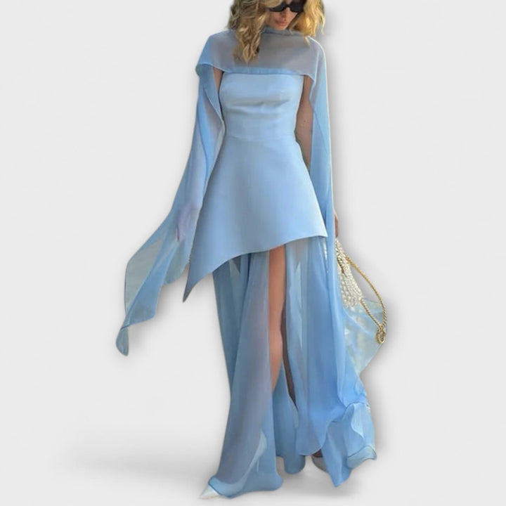 Eliška – Dámské elegantní dlouhé šaty bez ramínek s rozparkem a šifonovou vrstvou