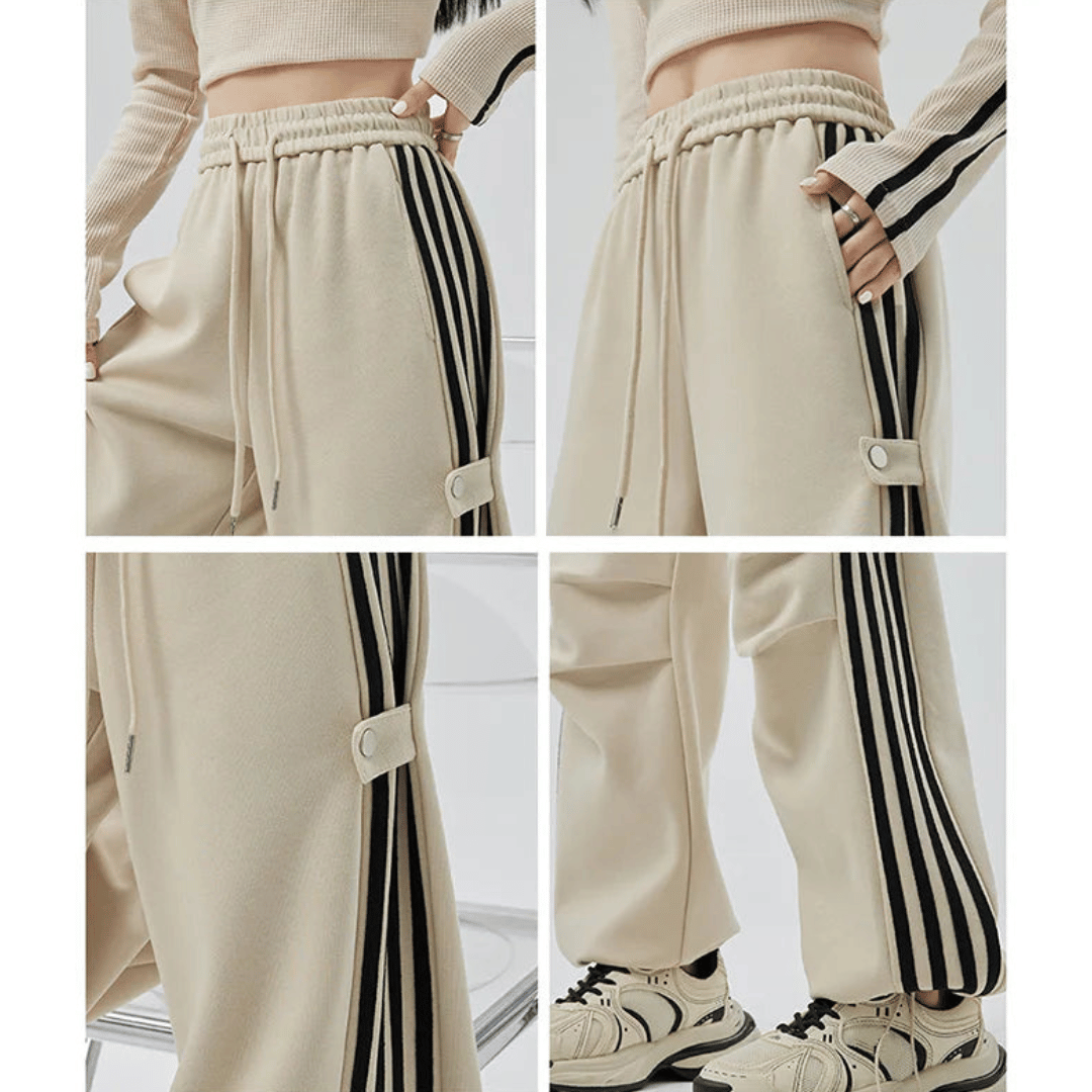 Tereza – Dámské široké teplákové kalhoty s pruhy a kapsami