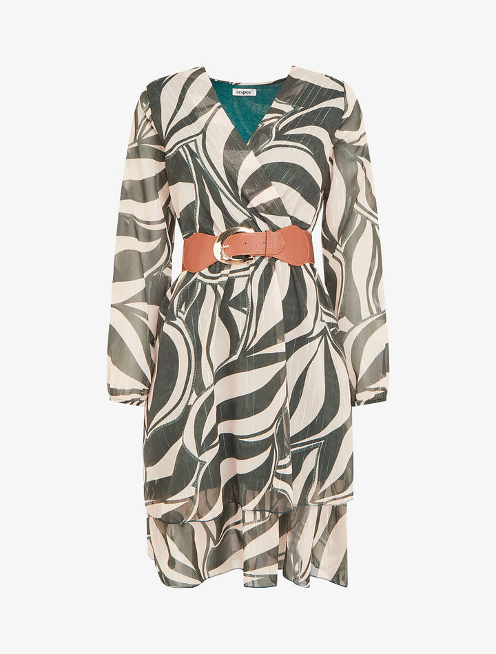 Tereza – Dámské vzorované šaty s páskem a překříženým výstřihem
