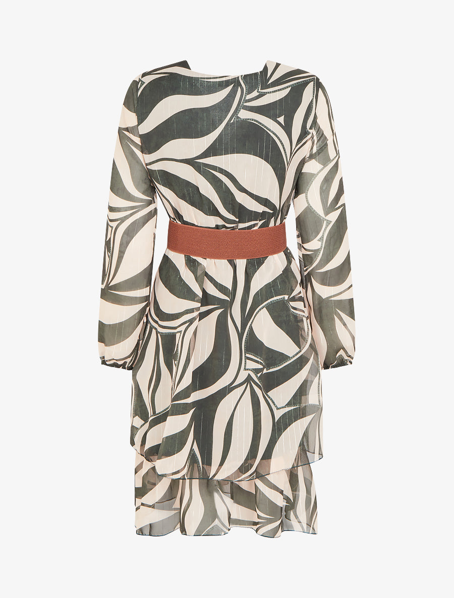 Tereza – Dámské vzorované šaty s páskem a překříženým výstřihem