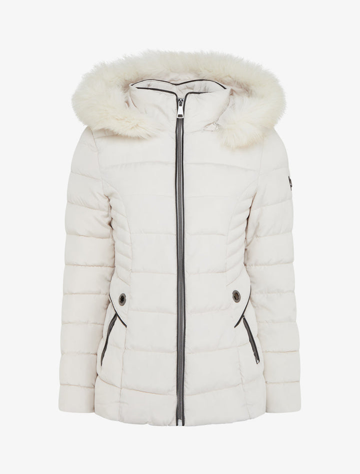 Eliška – Dámská zimní bunda s kapucí a kožešinovým lemem v krémové barvě