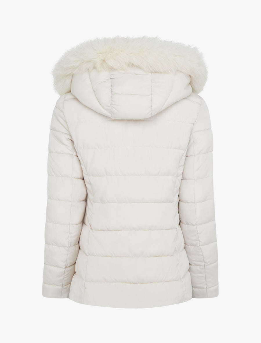 Eliška – Dámská zimní bunda s kapucí a kožešinovým lemem v krémové barvě