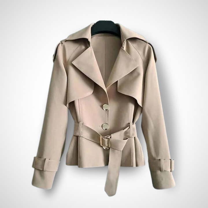 Karolína - Dámský elegantní trenčkot s páskem a zlatými knoflíky