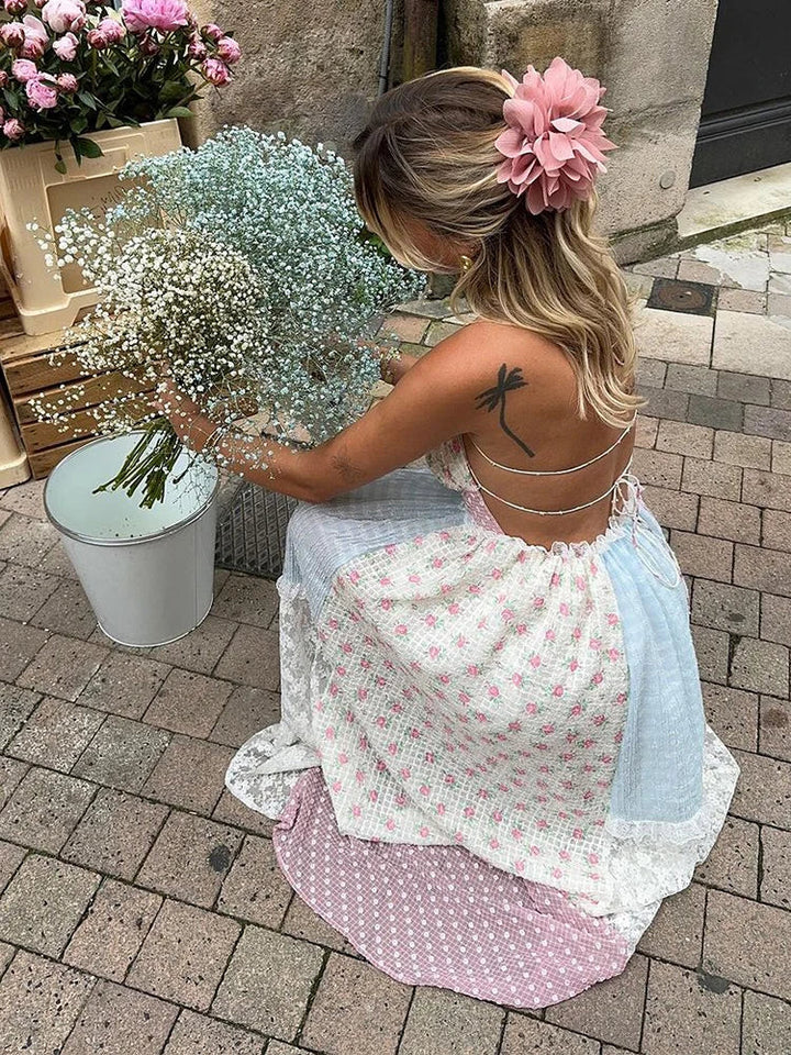 Elena – Romantické patchworkové maxišaty s krajkou a nastavitelnými ramínky