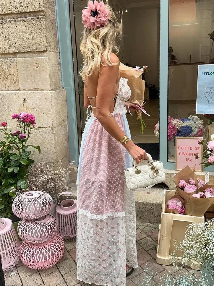 Elena – Romantické patchworkové maxišaty s krajkou a nastavitelnými ramínky