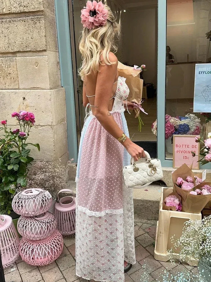 Elena – Romantické patchworkové maxišaty s krajkou a nastavitelnými ramínky