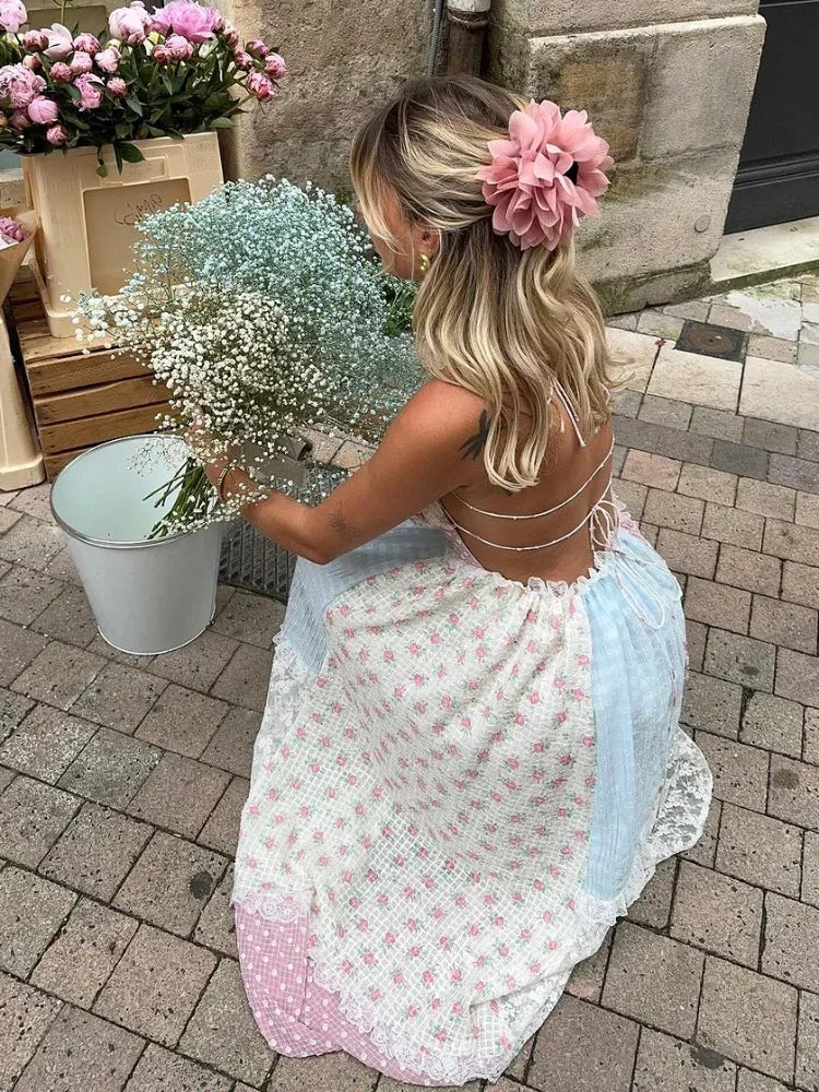 Elena – Romantické patchworkové maxišaty s krajkou a nastavitelnými ramínky