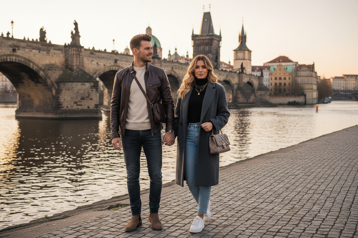 Casal bem vestido em frente a ponte de Praga