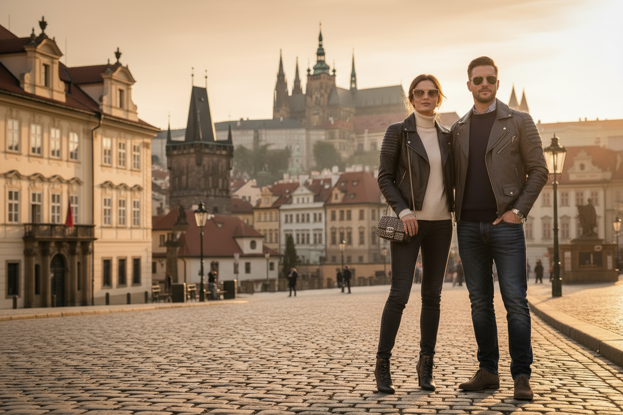 Casal de luxo em Praga - estilo casual de fim de semana