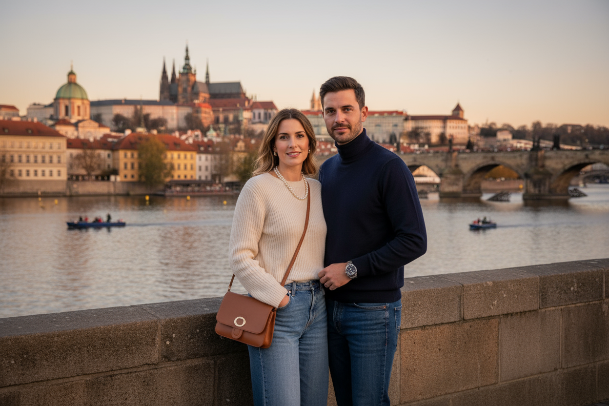 Casal glamoroso meio corpo junto ao rio Moldava com vista para Praga