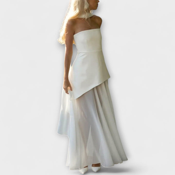 Eliška – Dámské elegantní dlouhé šaty bez ramínek s rozparkem a šifonovou vrstvou