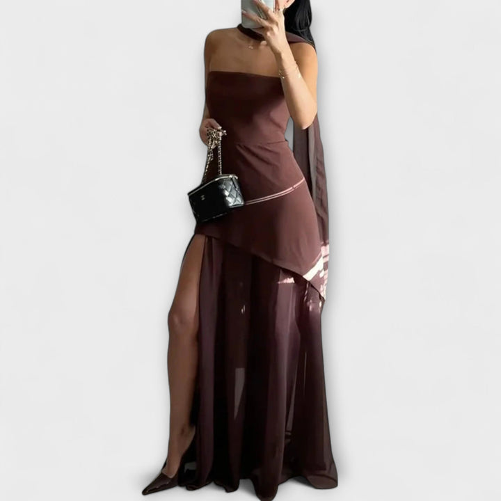 Eliška – Dámské elegantní dlouhé šaty bez ramínek s rozparkem a šifonovou vrstvou