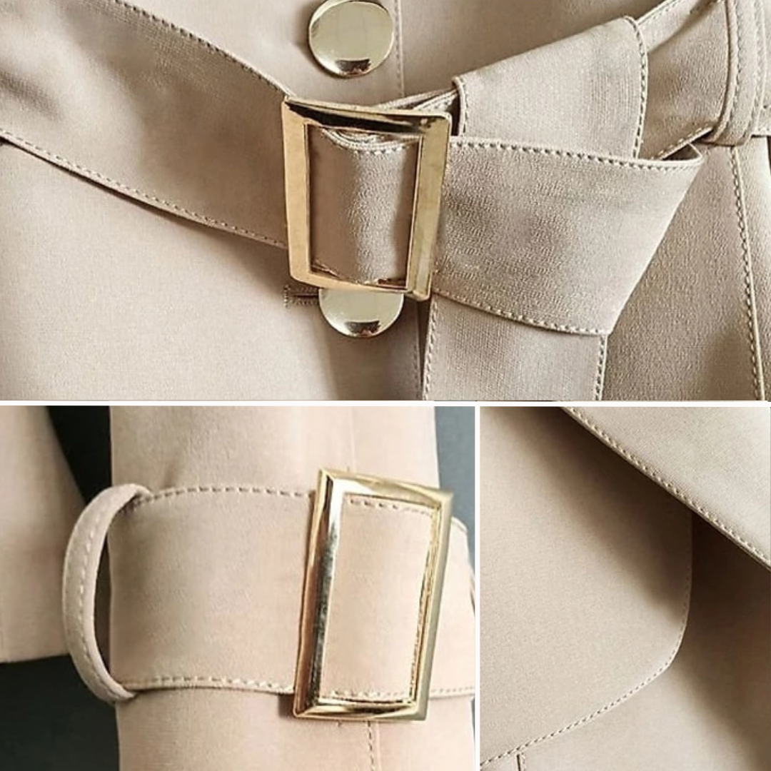 Karolína - Dámský elegantní trenčkot s páskem a zlatými knoflíky