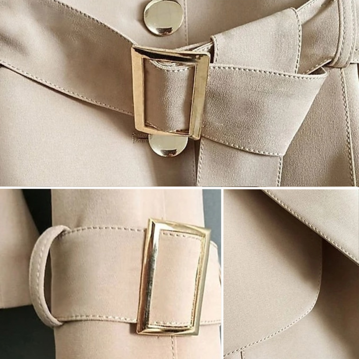 Karolína - Dámský elegantní trenčkot s páskem a zlatými knoflíky