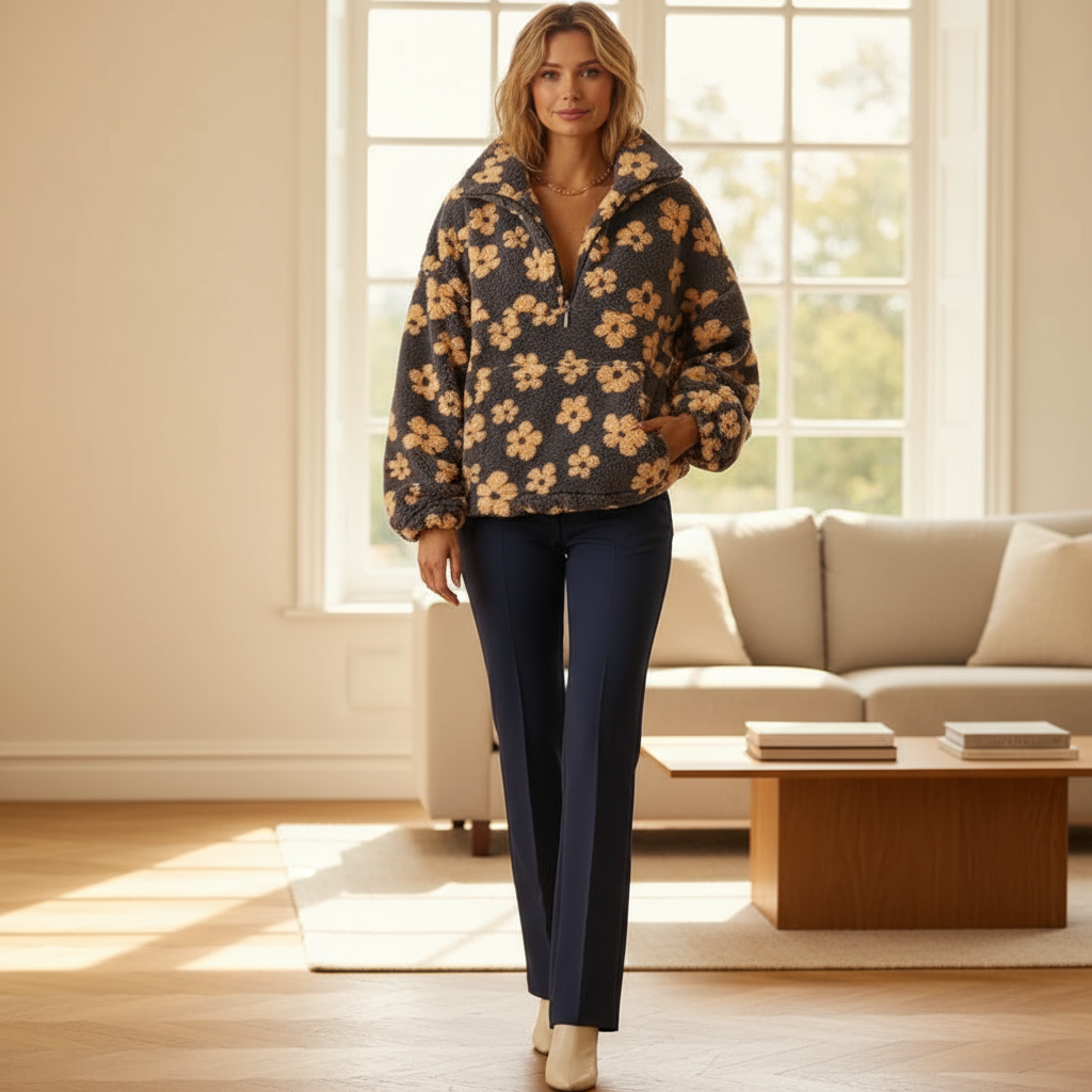 Mulher usando Fleece-Pullover com padrão floral